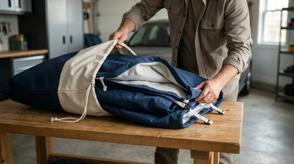 Dry navy car cover being folded carefully and placed in a storage bag on a garage shelf.