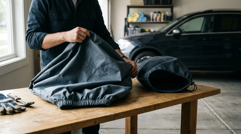 Clean, dry car cover folded loosely beside a storage bag on a garage workbench.