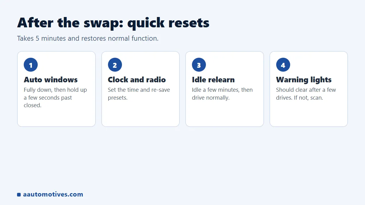 What to reset after a Subaru battery change: auto windows, clock, radio and idle relearn