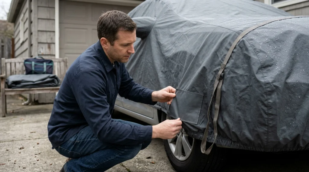 Car owner checking a repaired car cover patch and secure hem beside a parked sedan.