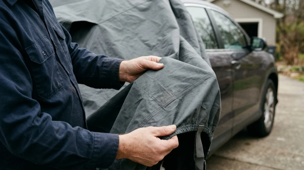 Car owner inspecting a repaired car cover seam and secured strap beside a parked vehicle.
