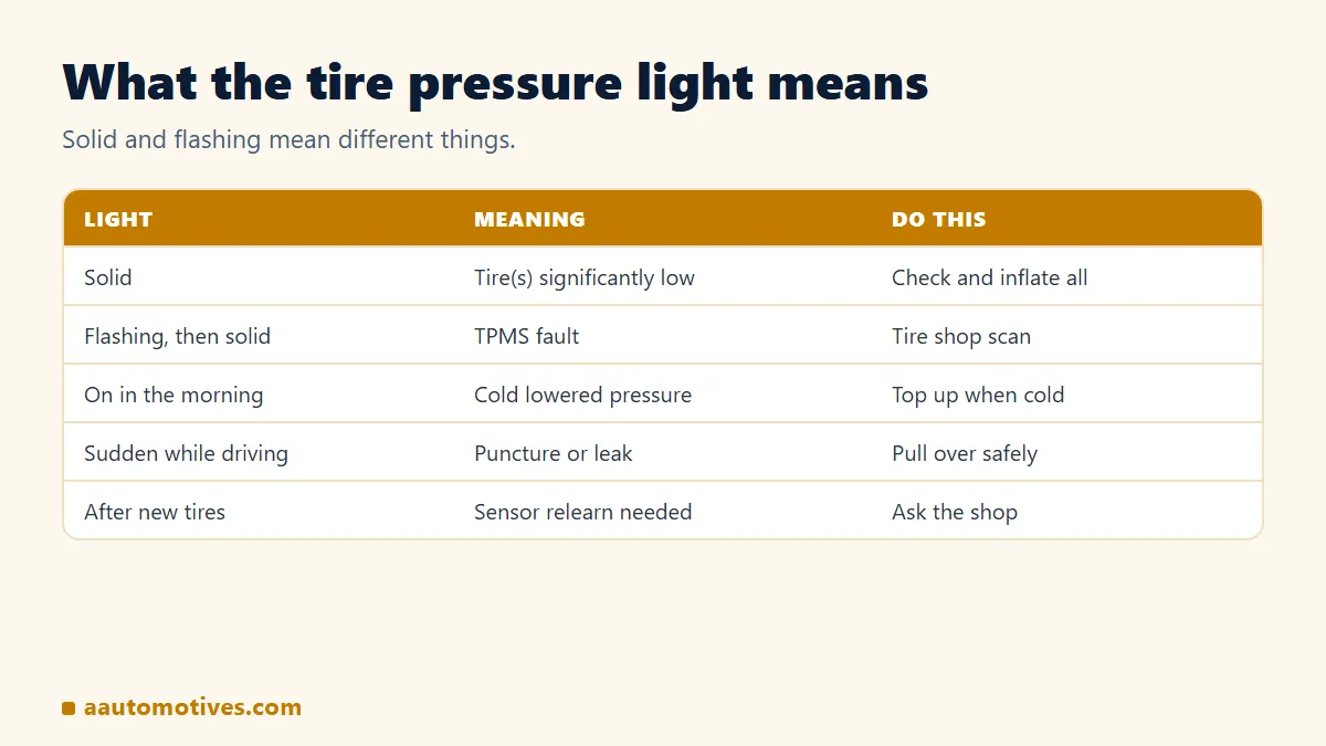 Tire pressure light meaning: solid, flashing, morning only, sudden