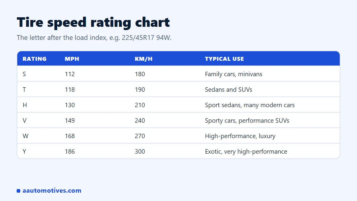 Tire speed rating chart: S, T, H, V, W and Y with max speeds in mph and km/h