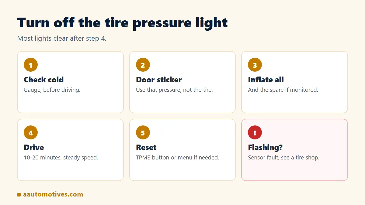 How to turn off the tire pressure light: check cold, inflate to door sticker, drive, reset