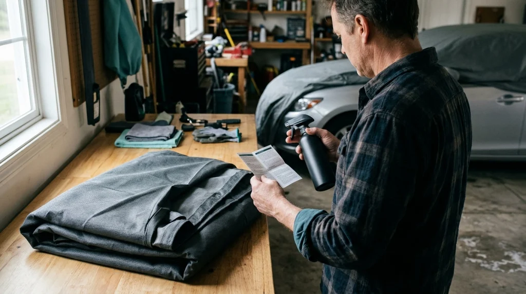 Car owner inspecting a car cover and an unbranded spray bottle before treatment.