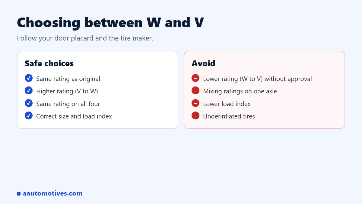 W vs V speed rating replacement rules: same or higher rating, never mix on one axle