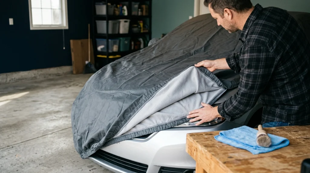 Car owner inspecting waterproof car cover seams and lining beside a clean vehicle in a garage.