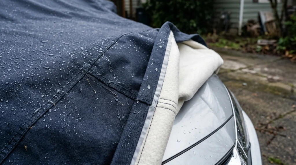 Water droplets beading on a navy car cover with visible stitching and soft inner lining.