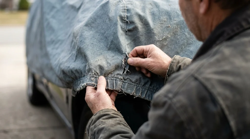 Close-up inspection of car cover seams and elastic wear.