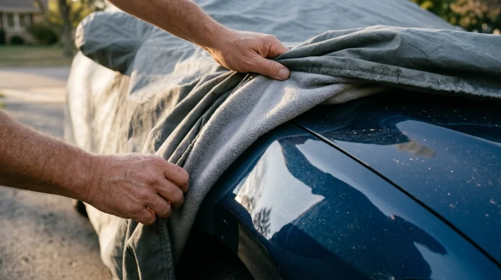 Close-up of hands checking the inner lining of a car cover for dirt.