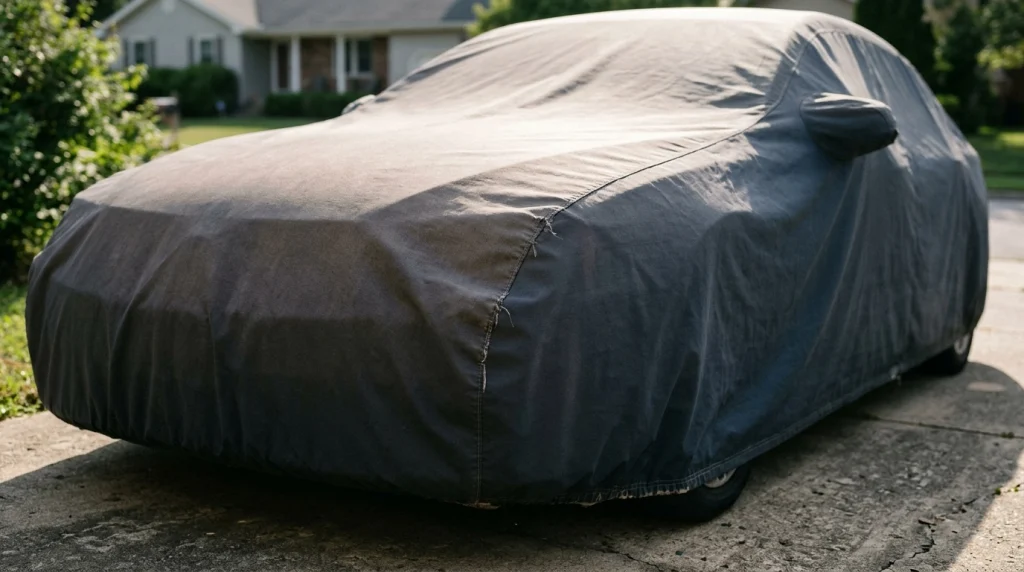 Faded outdoor car cover showing sun exposure near the roof, seam, and elastic hem.