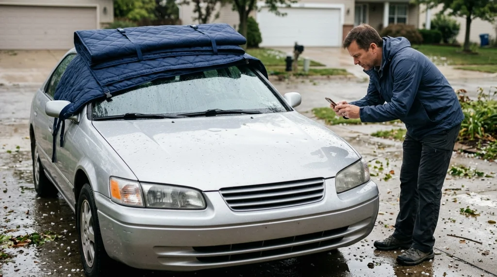 Car owner photographing hood dents after a hailstorm while a padded car cover rests on the roof