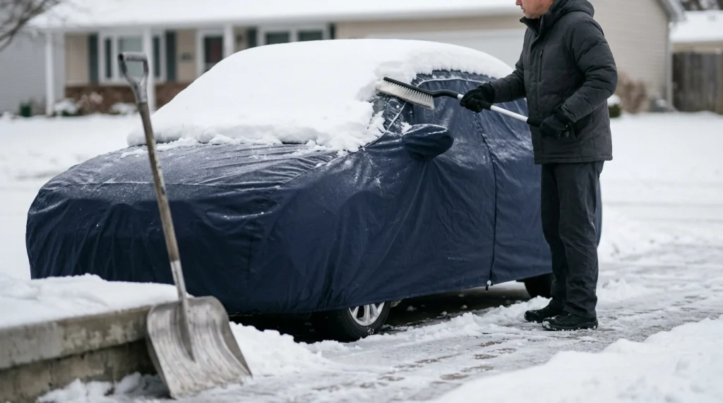Driver choosing a soft snow brush instead of a metal shovel beside a snow-covered sedan.