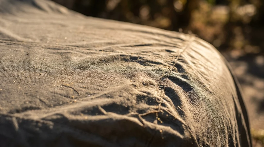 Close-up of dust and sunlight on an outdoor vehicle cover.