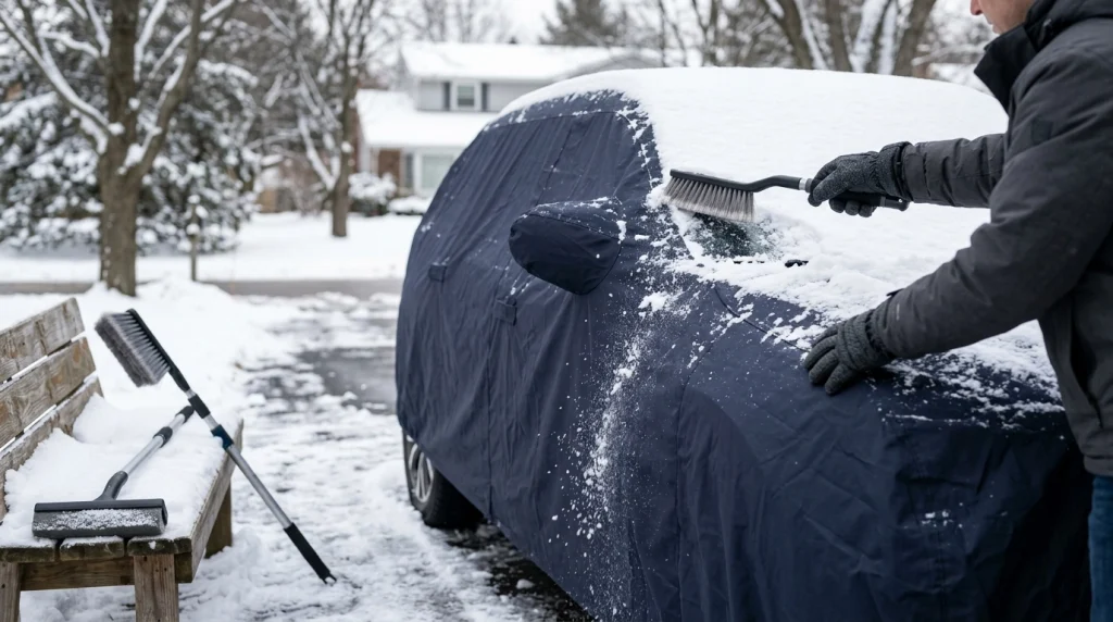 Soft snow brush, foam broom, and waterproof gloves beside a snow-covered SUV with a fitted car cover.