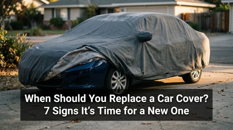 Aging car cover with torn fabric on a sedan, illustrating when to replace a car cover.