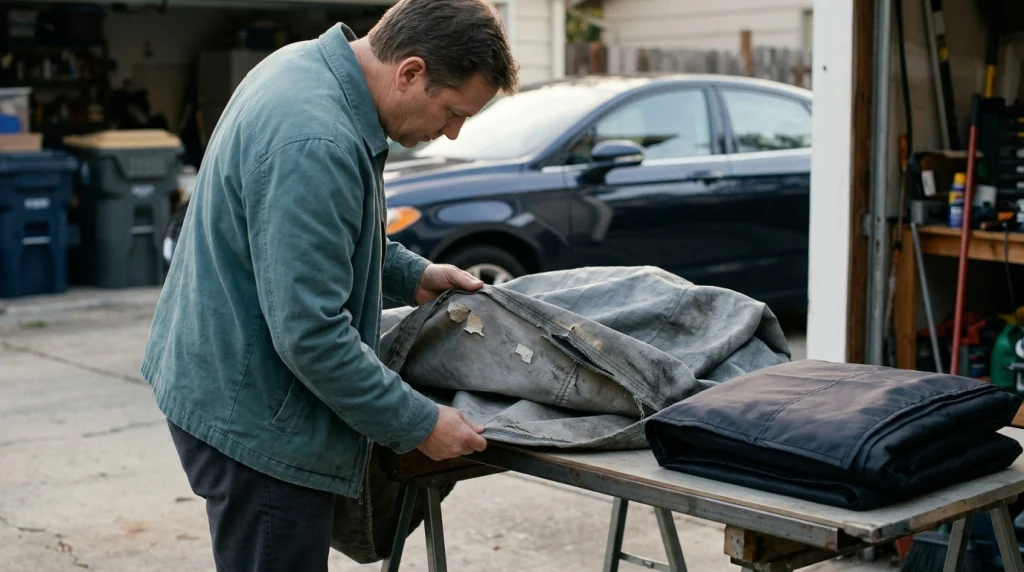 Vehicle owner inspecting peeling coating and torn seams on an old car cover beside a clean replacement.