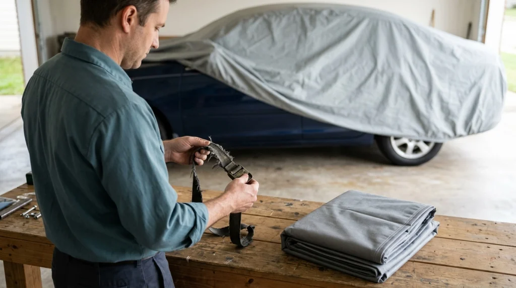 Vehicle owner inspecting a worn car cover strap beside a loosely covered sedan and replacement cover.