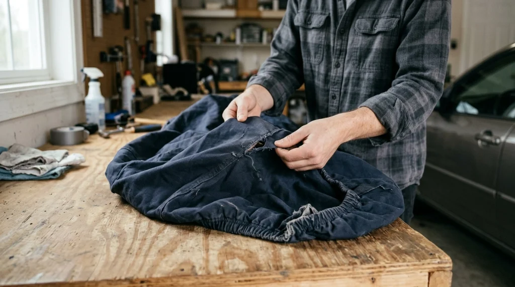 Inspecting a worn car cover with frayed seams, weakened fabric, and a small tear.