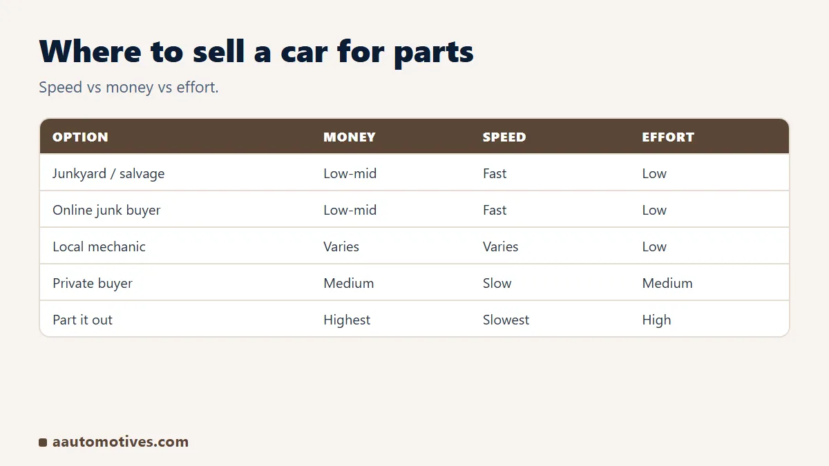 Where to sell a car for parts compared: junkyard, online buyer, mechanic, private buyer, part out