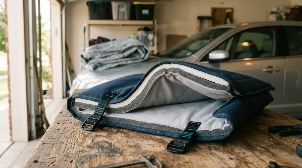 Thick foam-padded hail car cover and thin outdoor cover displayed on a garage workbench