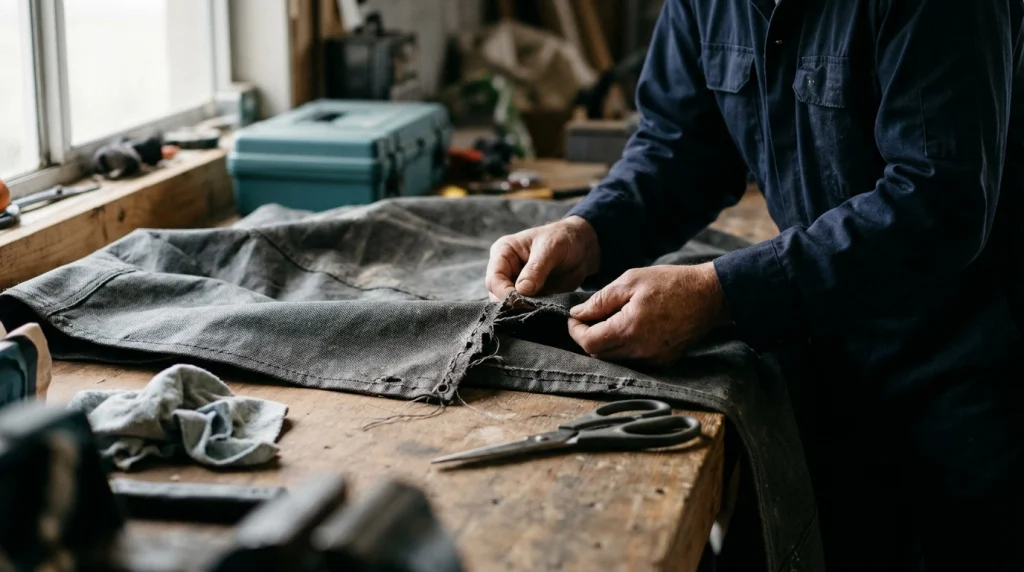 Close inspection of broken stitching and worn fabric on a charcoal-gray car cover seam.