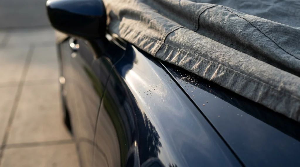 Close-up of grit beneath a loose car cover causing fine scratches near a ceramic-coated car mirror.