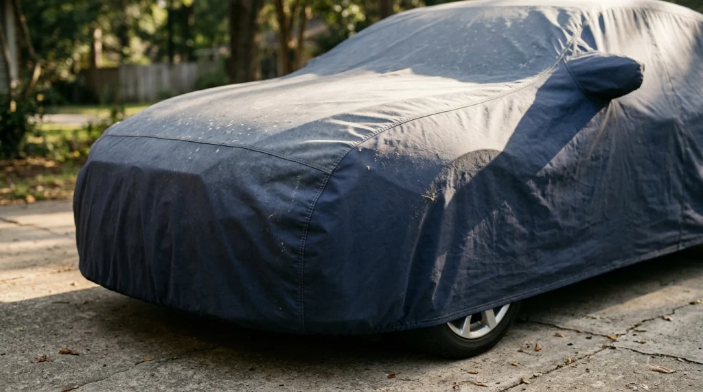 Navy car cover showing subtle sun fading and dust on a sedan parked outdoors.