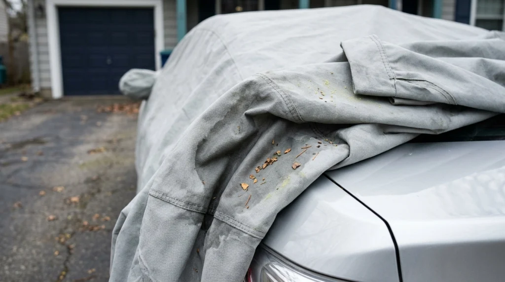 Close-up of a folded car cover showing trapped moisture, dust, and small leaf fragments.