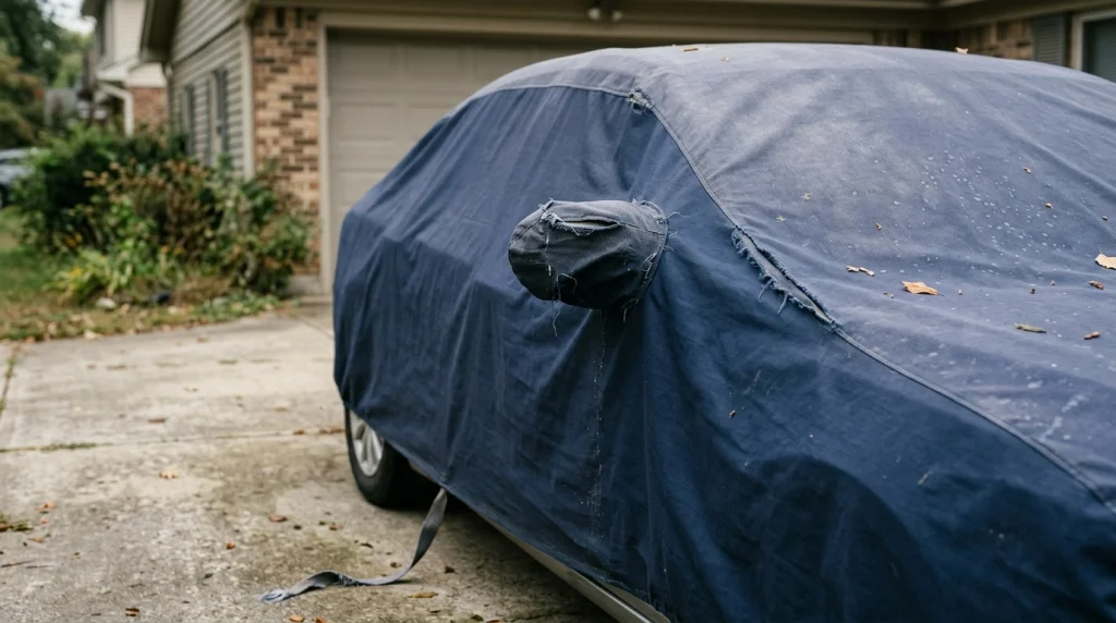 Weathered navy car cover showing frayed stitching, dust, and outdoor exposure near a vehicle mirror.