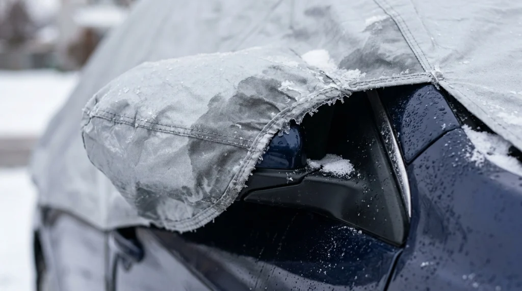 Close-up of frozen car cover fabric bonded to a sedan side mirror by frost and trapped moisture.