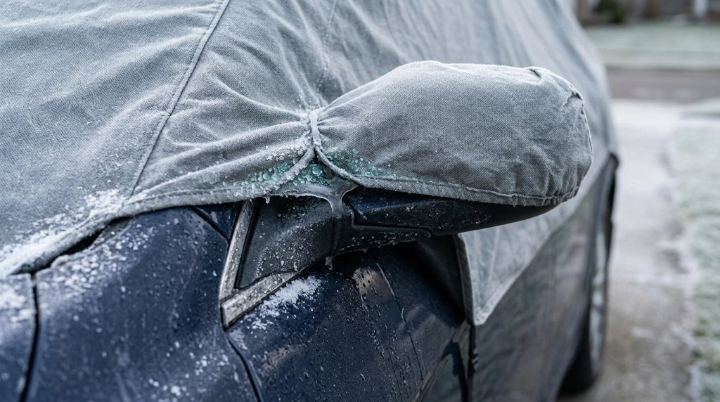 Close-up of frost and trapped moisture freezing a car cover around a vehicle's side mirror.