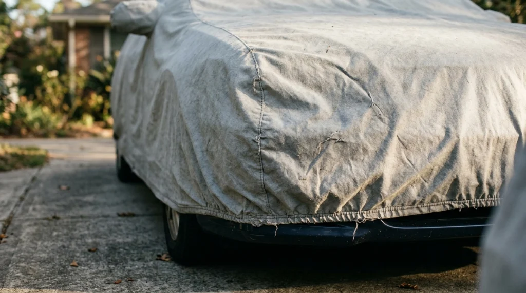 Close-up of a shrinking car cover showing tight elastic, wrinkled polyester fabric, and distorted seams.