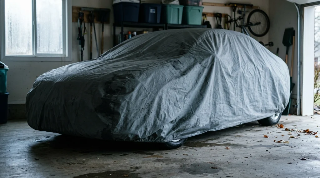 Damp car cover in a garage illustrating conditions that cause mildew growth.