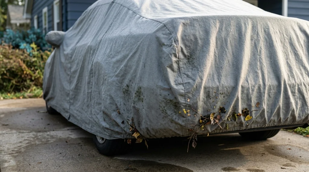 Damp car cover with mold-like spots and fallen leaves in a driveway.