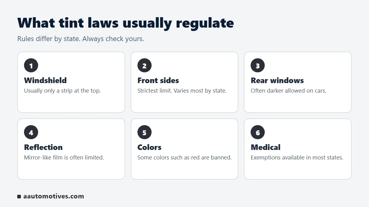 Window tint law basics: windshield, front side, rear windows and exemptions