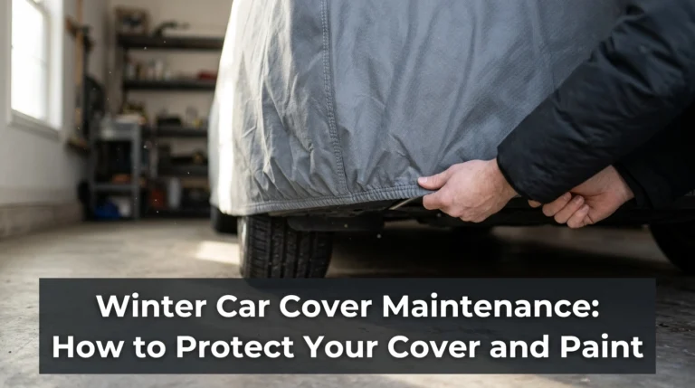 Clean modern car covered in a protective gray cover inside a winter garage.